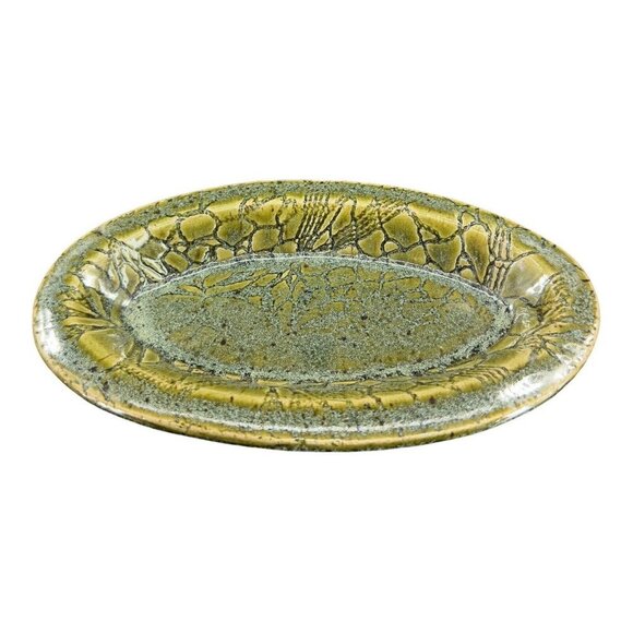 Vintage Studio Art Pottery Elongated Dish Tray Pottery Ceramic Signed Green - Picture 7 of 13